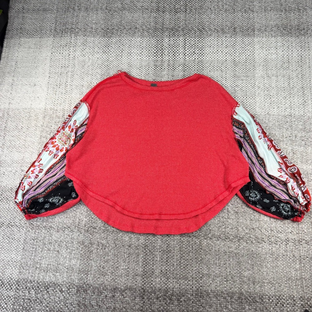 Free People We The Free Red Waffle Knit Balloon Sleeve Paisley Thermal Top XS